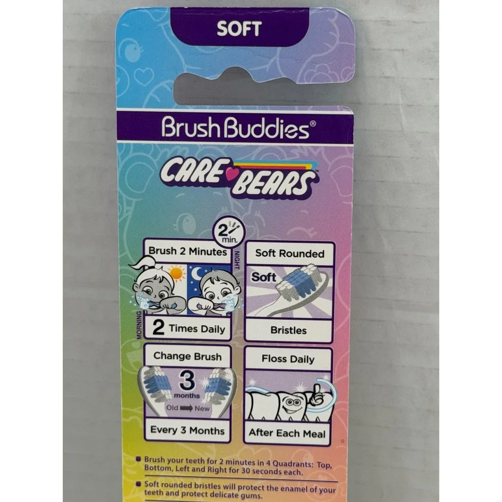 Brush Buddies Care Bears‎ Toothbrush Kids Suction with Cap Soft Bristles Purple